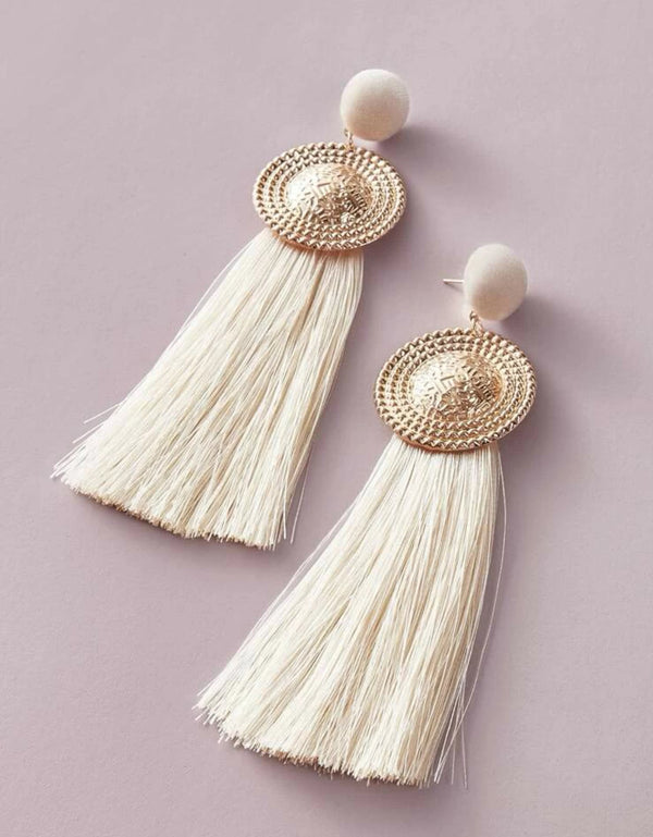 White & Gold Tassel Earrings